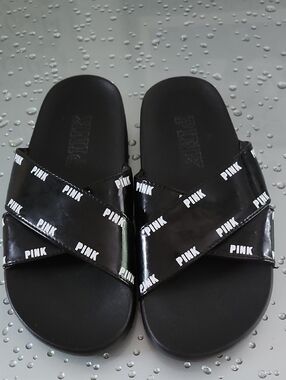PINK Victoria's Secret Black Logo Crossband Slide Sandals